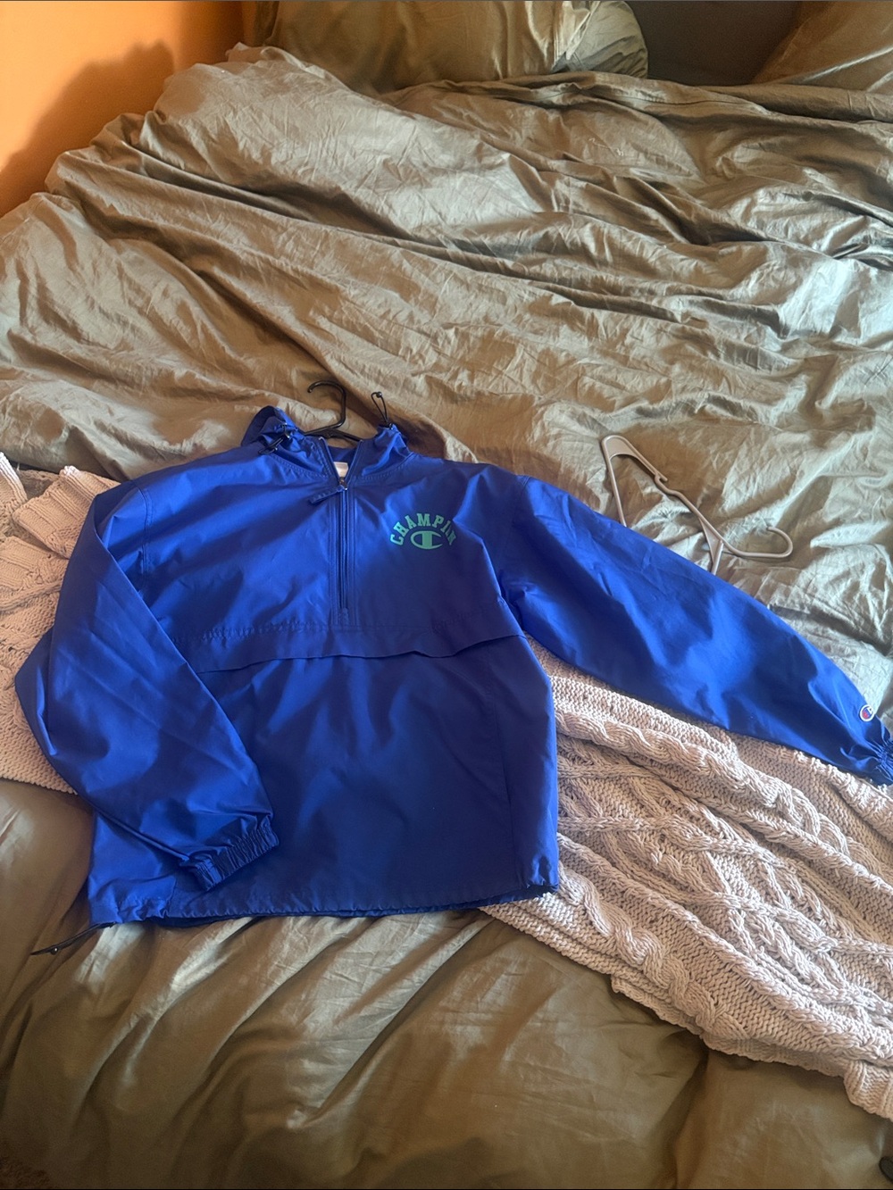 Champion Blue Hooded Half-Zip Windbreaker with Green Logo